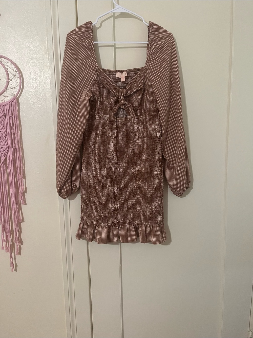 Cleobella Brown Smocked Dress with Puff Sleeves and Ruffle Hem